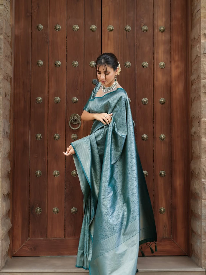 Peacock Blue Jacquard Saree – Regal Woven Elegance with Timeless Appeal