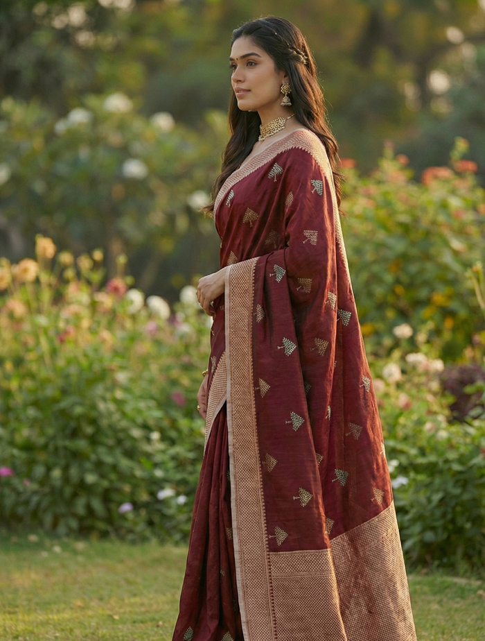 Maroon Jacquard Saree – Premium Woven Saree with Rich Festive Detailing