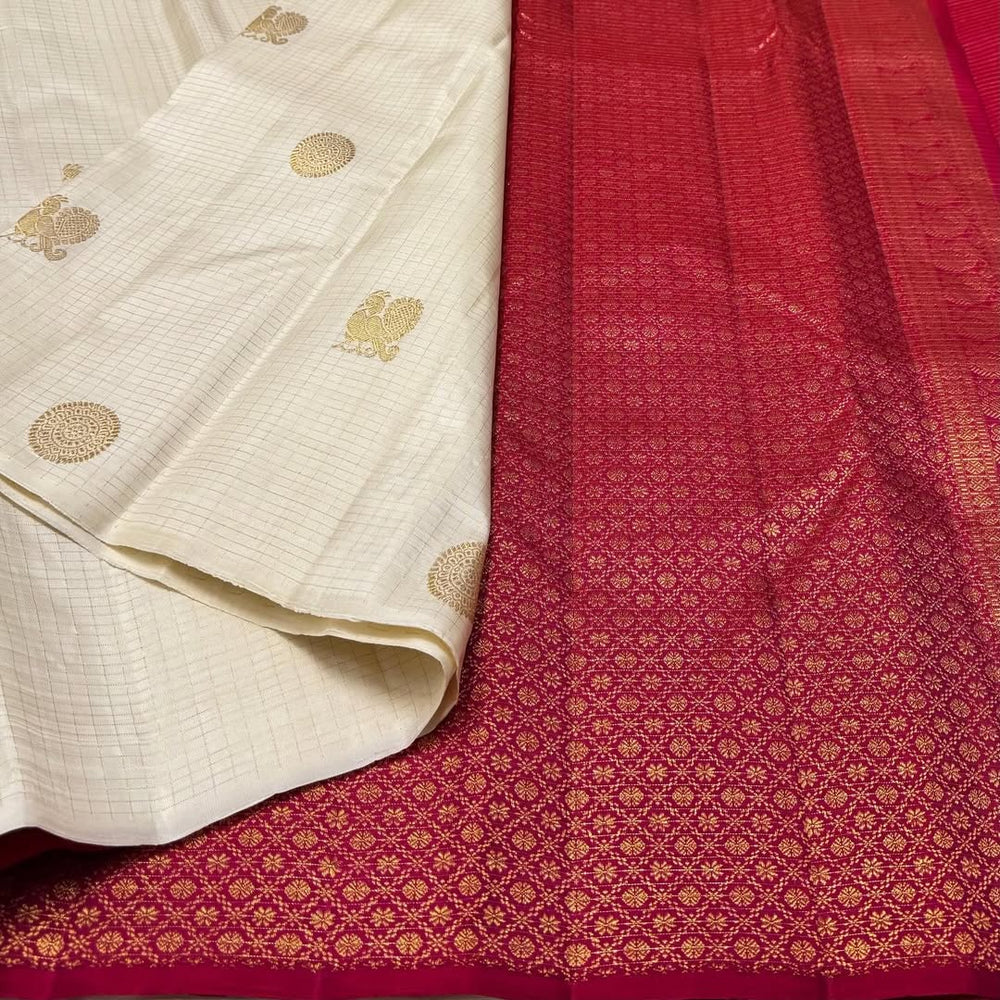 White & Red Jacquard Saree
