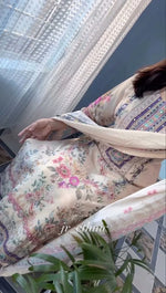 Premium Pastel Cream Floral Printed Muslin Suit Set with Designer Dupatta