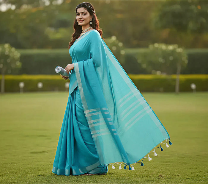 Sky Blue Colour Women's Plain Linen Saree With Party Wear
