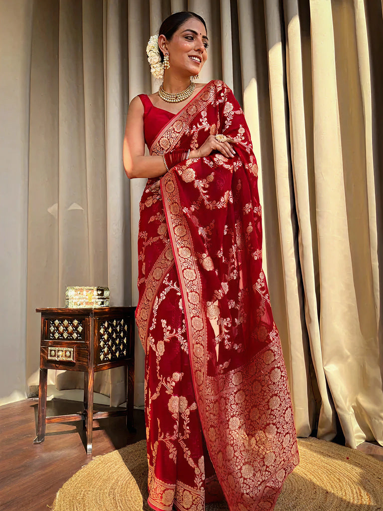 Elegant Red Jacquard Saree