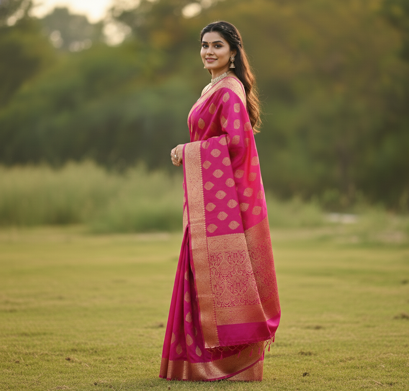 Cerise Pink Jacquard Saree