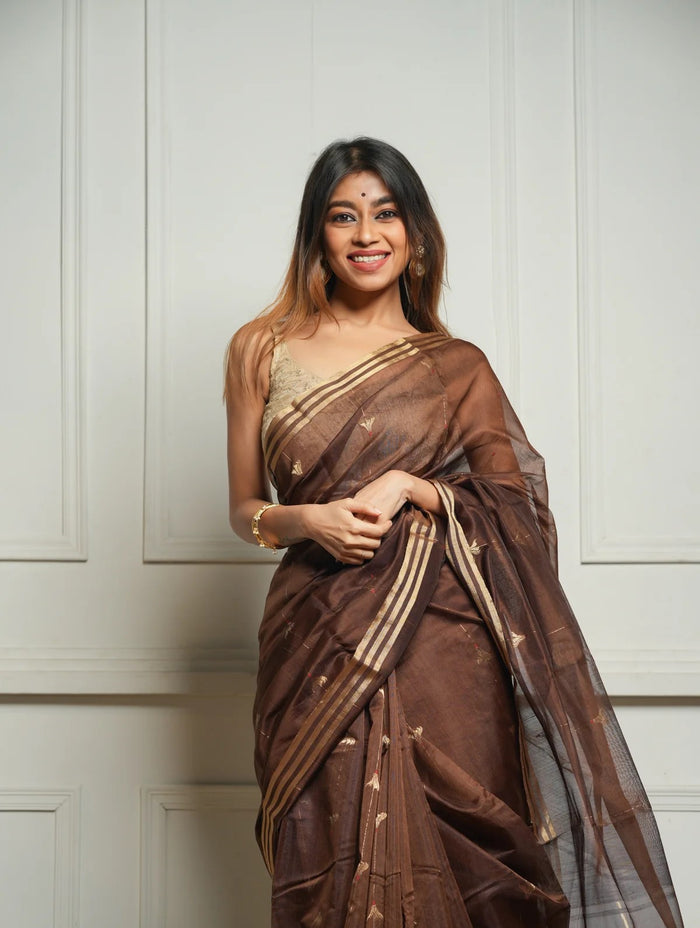 pure silk Classy Brown Colour Saree, Shining Party Wear