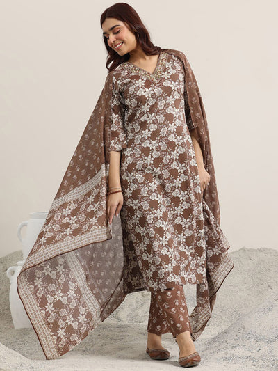 Brown Printed Magic Cotton Kurta Set