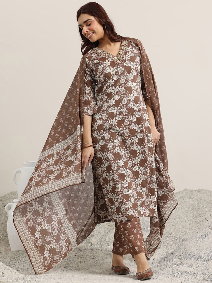 Brown Printed Magic Cotton Kurta Set