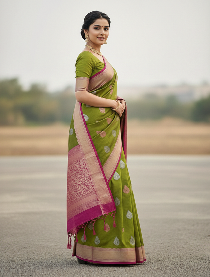 Mahendi Green Jacquard Saree – Elegant Festive Wear with Rich Woven Detailing