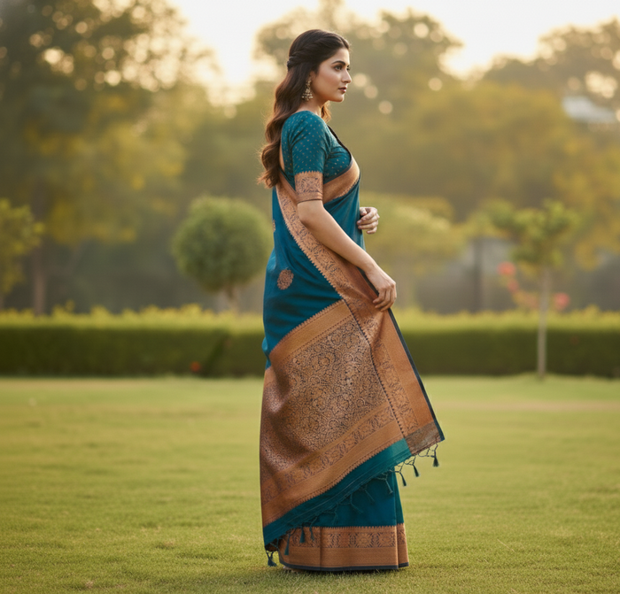 Elegant Teal Blue Jacquard Saree for Timeless Festive & Wedding Style