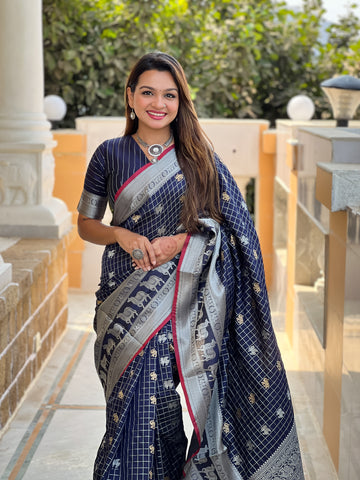 Royal Navy Blue Jacquard Saree – Elegant Weave for Festive & Party Wear