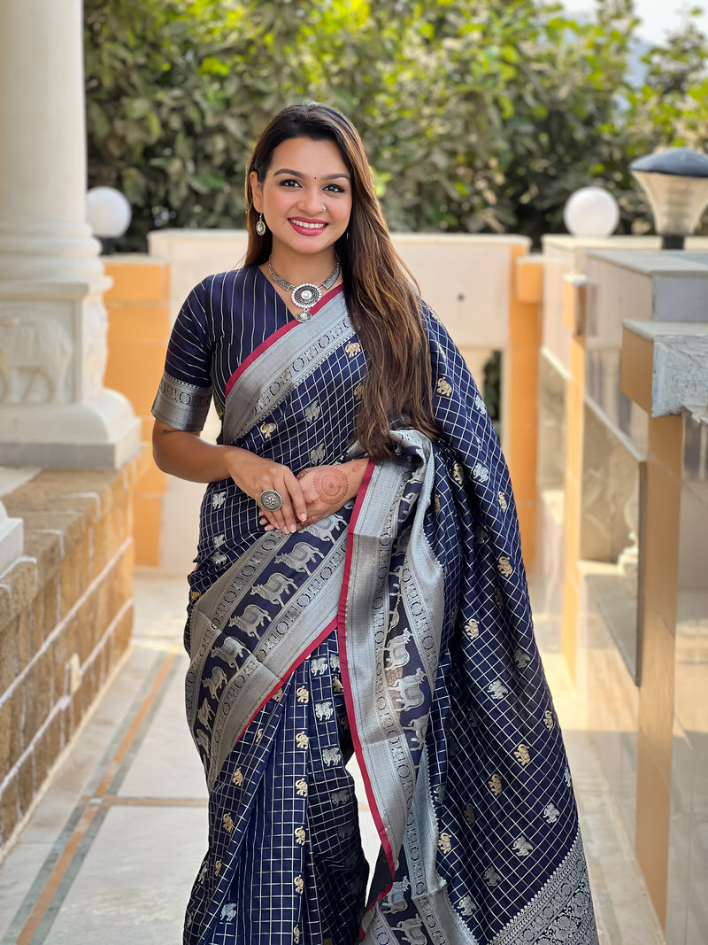 Royal Navy Blue Jacquard Saree