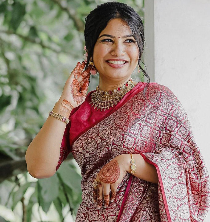 Royal Dark Red Jacquard Saree – Rich Woven Elegance for Weddings & Festive Wear