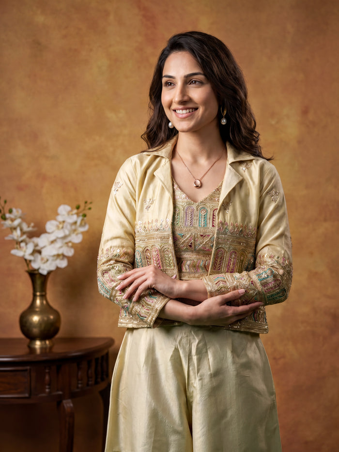 Cream Embroidered Naylon Tissue 3-Piece Suit