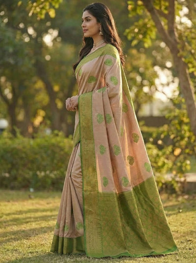 Peach Green Jacquard Silk Saree with Elegant Woven Detailing
