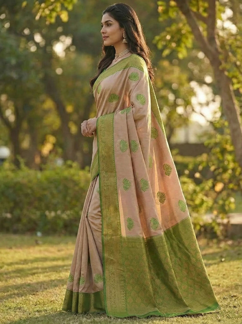 Peach Green Jacquard Silk Saree with Elegant Woven Detailing