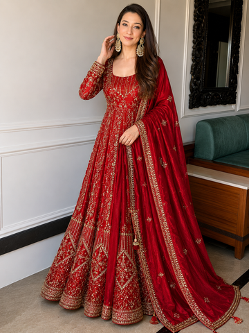 Red Crunchy Silk Embroidered Anarkali Gown Set