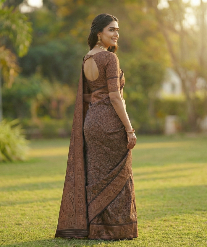 Brown Jacquard Saree – Rich Woven Texture for Classic & Festive Elegance