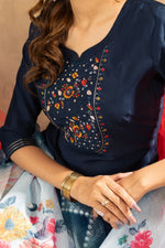 Aarohi Viscose Navy Blue Embroidered Kurta Pant Set