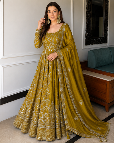 Mustard Embroidered Anarkali Gown Set