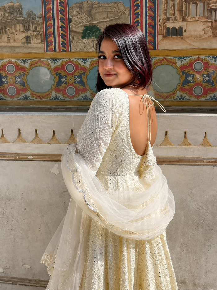 Ivory Mirror Work Georgette Anarkali Suit Set