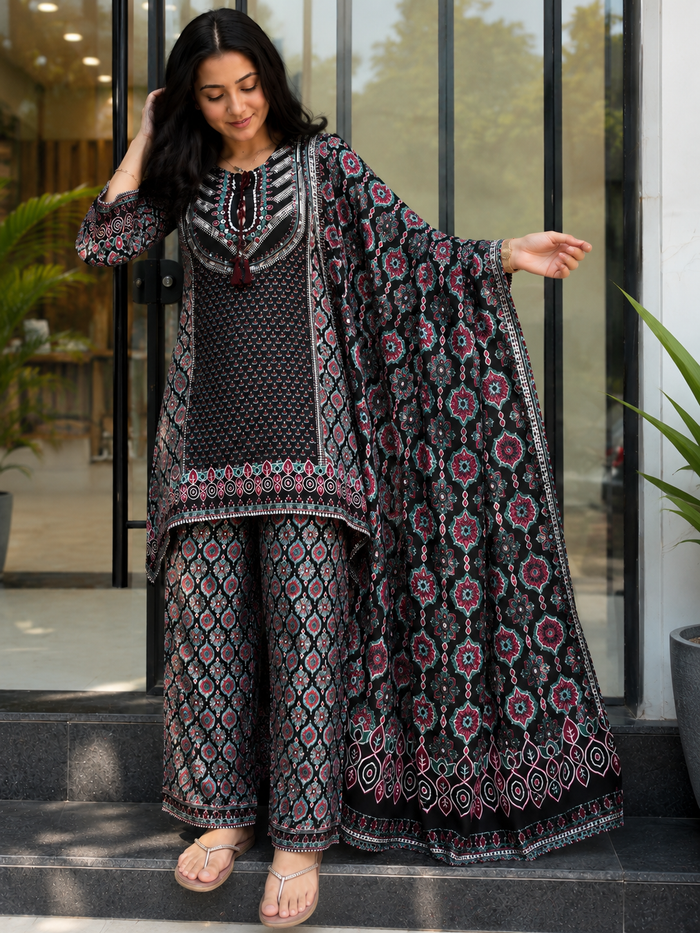 Black Printed Pure Natural Crepe Co-Ord Set