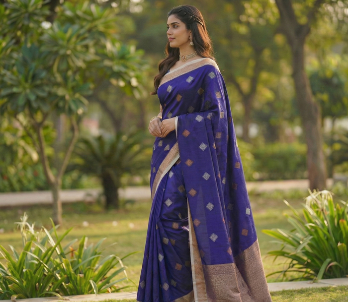 Royal Blue Jacquard Saree – Luxurious Woven Saree for Festive & Wedding Wear