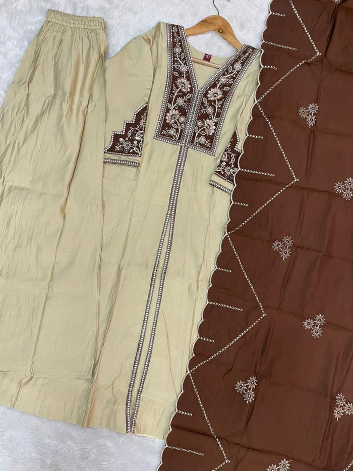 Elegant Cream Roman Silk Anarkali Kurti Set