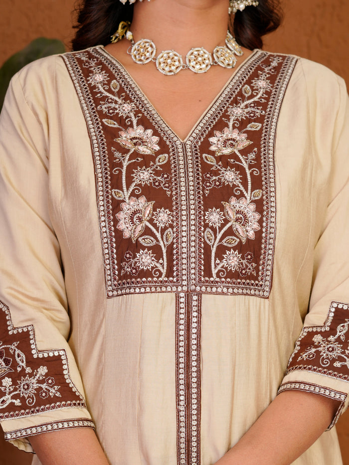 Elegant Cream Roman Silk Anarkali Kurti Set