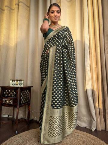 Mahendi Green Jacquard Saree – Premium Woven Festive Wear with Elegant Traditional Detailing
