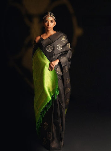 Luxury Black Jacquard Saree for Party, Festive & Wedding Elegance