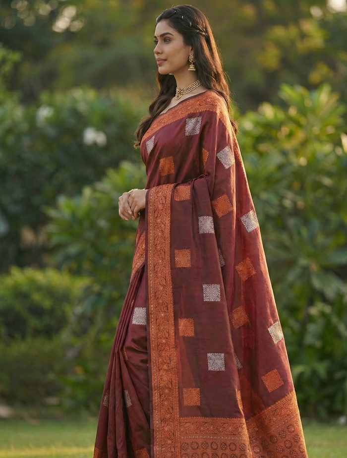 Luxury Maroon Jacquard Saree – Rich Woven Elegance for Special Occasions