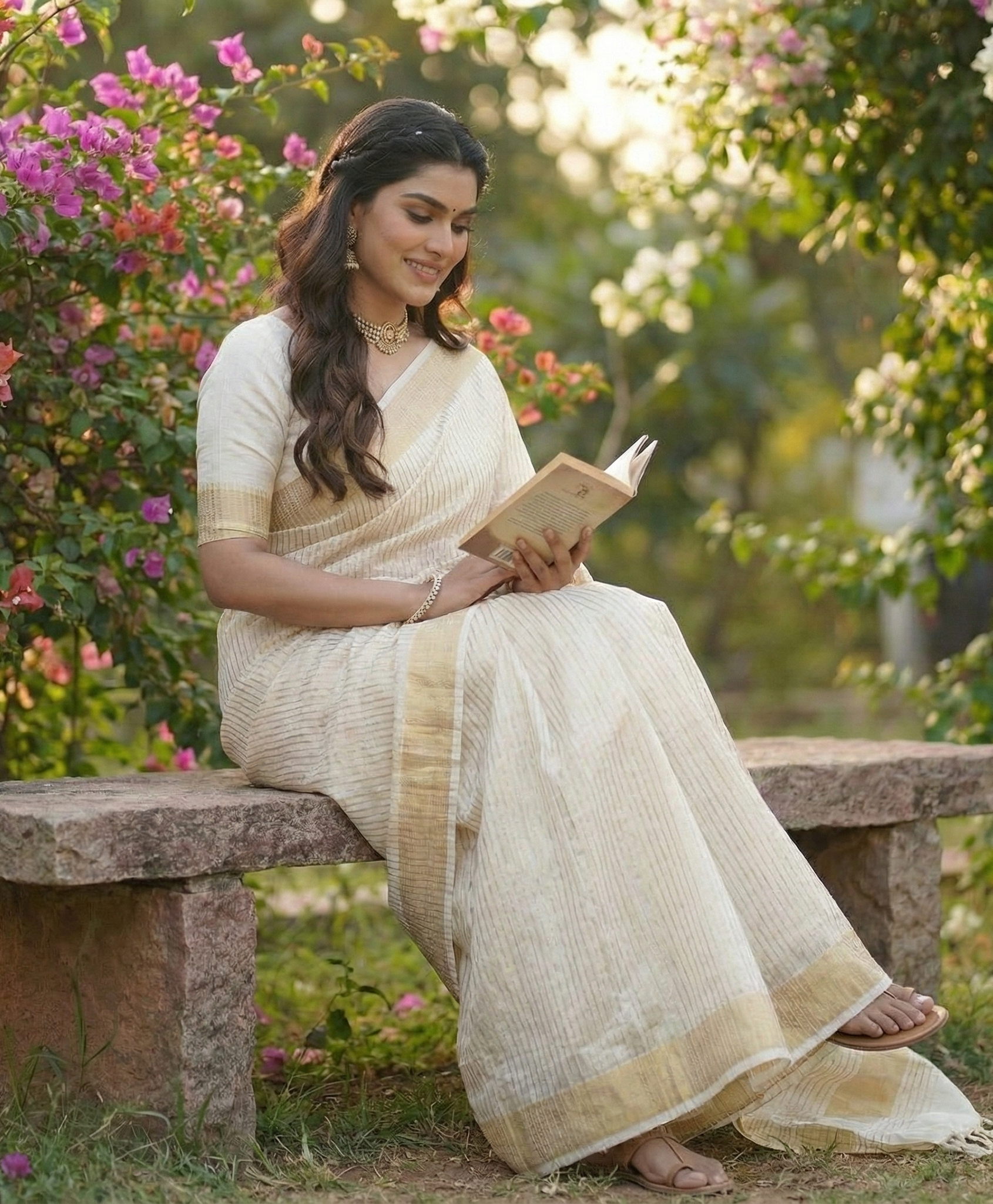 Elegant Off-White Jacquard Saree