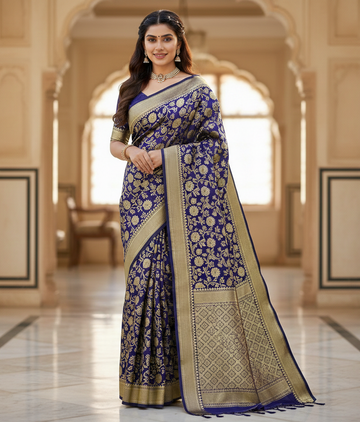 Elegant Navy Blue Jacquard Saree – Timeless Weave & Royal Finish