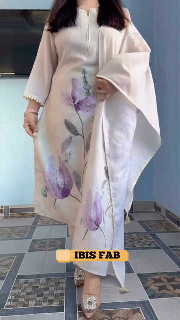 Ivory Floral Printed Linen Kurta Pant Dupatta