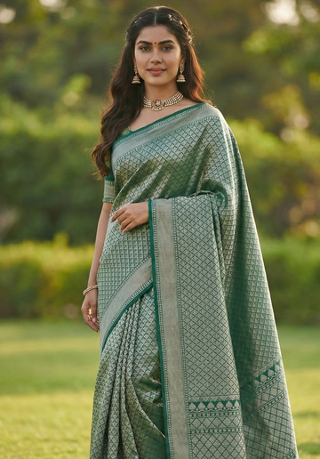 Mahendi Green Jacquard Saree – Rich Traditional Weave & Festive Elegance