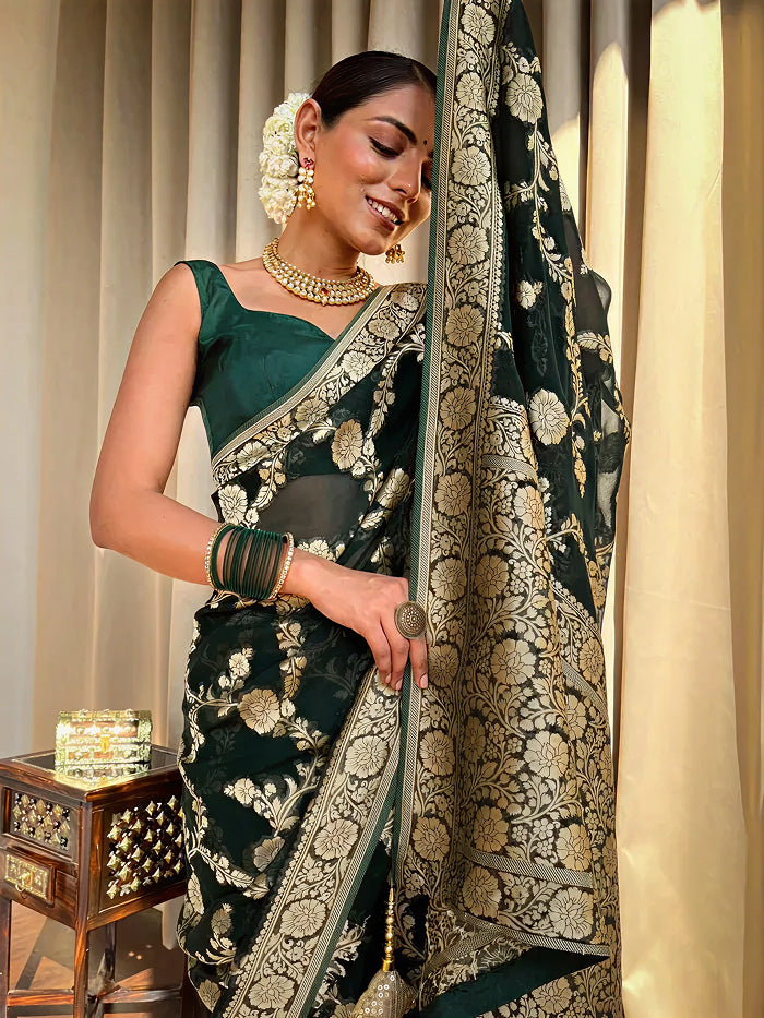 Emerald dark Green Jacquard Saree – Luxurious Woven Elegance for Special Occasions