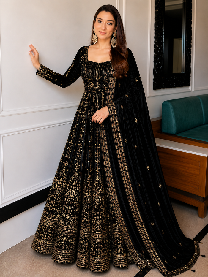 Black Crunchy Silk Embroidered Anarkali Gown Set