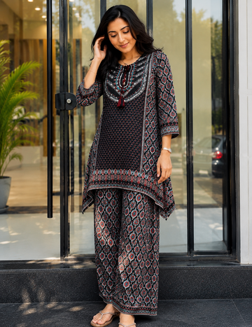 Black Printed Pure Natural Crepe Co-Ord Set