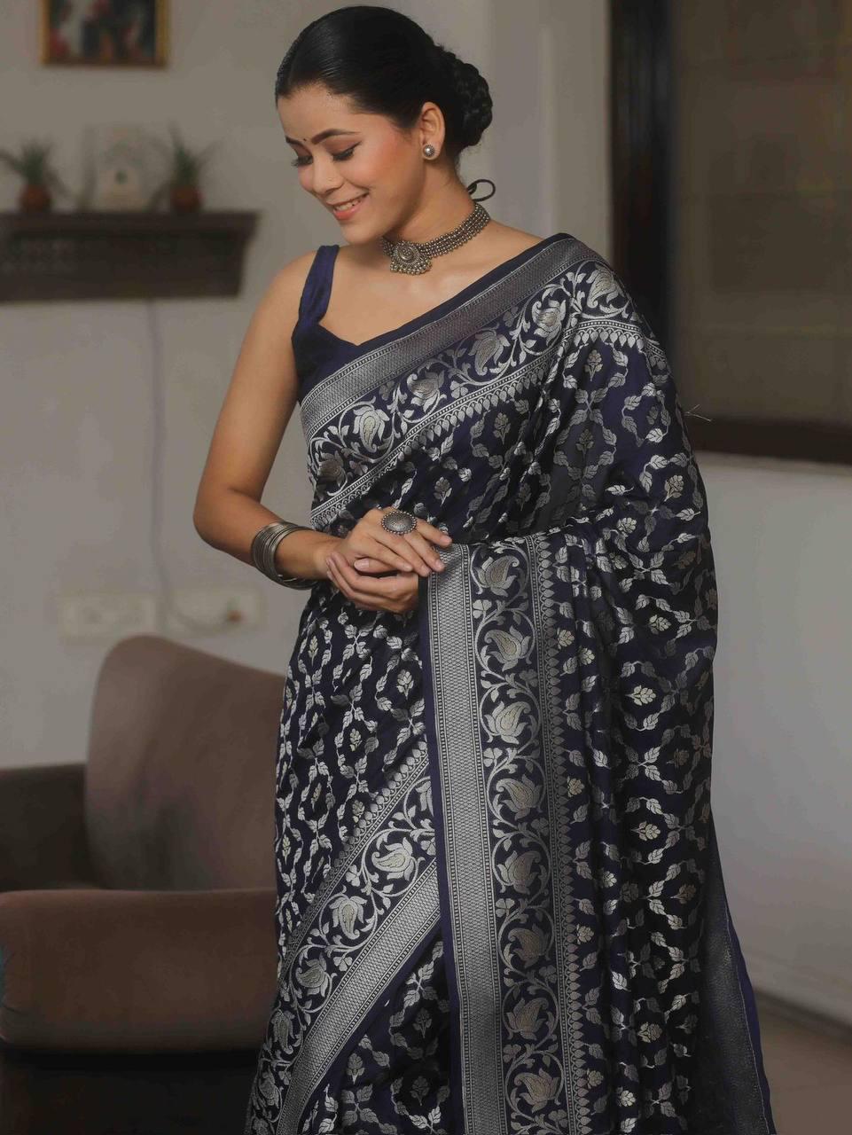 Premium Navy Blue Jacquard Saree