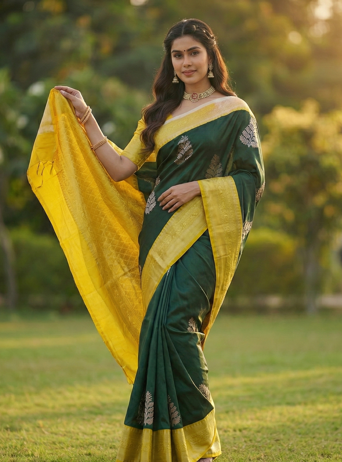 Dark Green Jacquard Saree – Premium Woven Saree for Festive & Traditional Wear