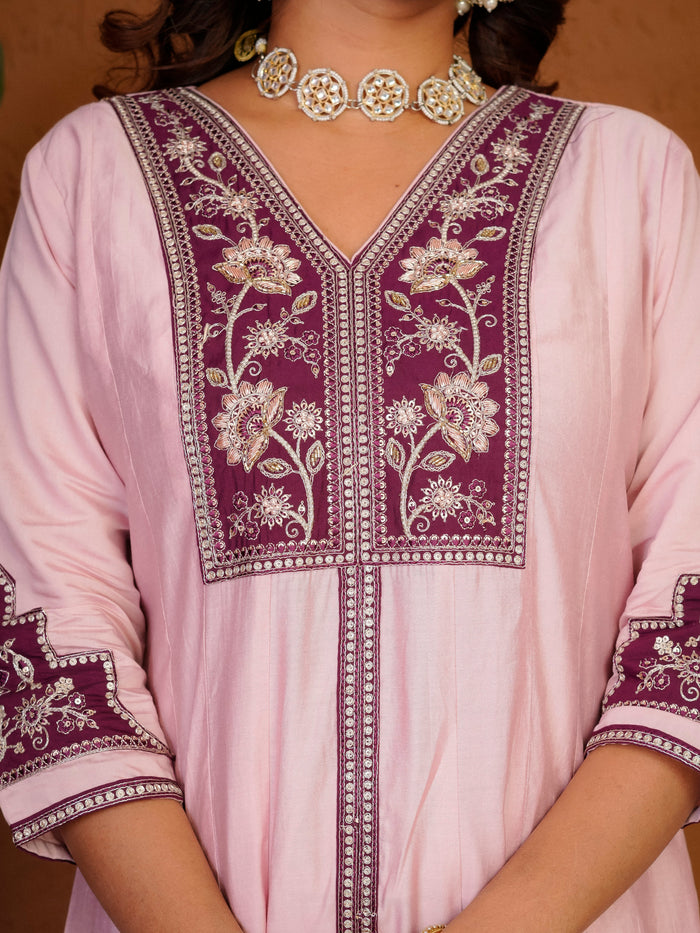 Elegant Pink Roman Silk Anarkali Kurti Set