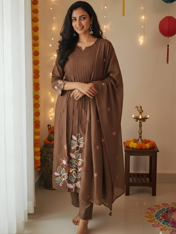 Aesthetic Mul Cotton Embroidery Madhavi Coffee Suit Set with Dupatta