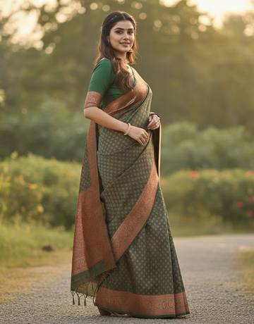 Mahendi Green Jacquard Saree – Elegant Woven Detailing & Festive Traditional Style