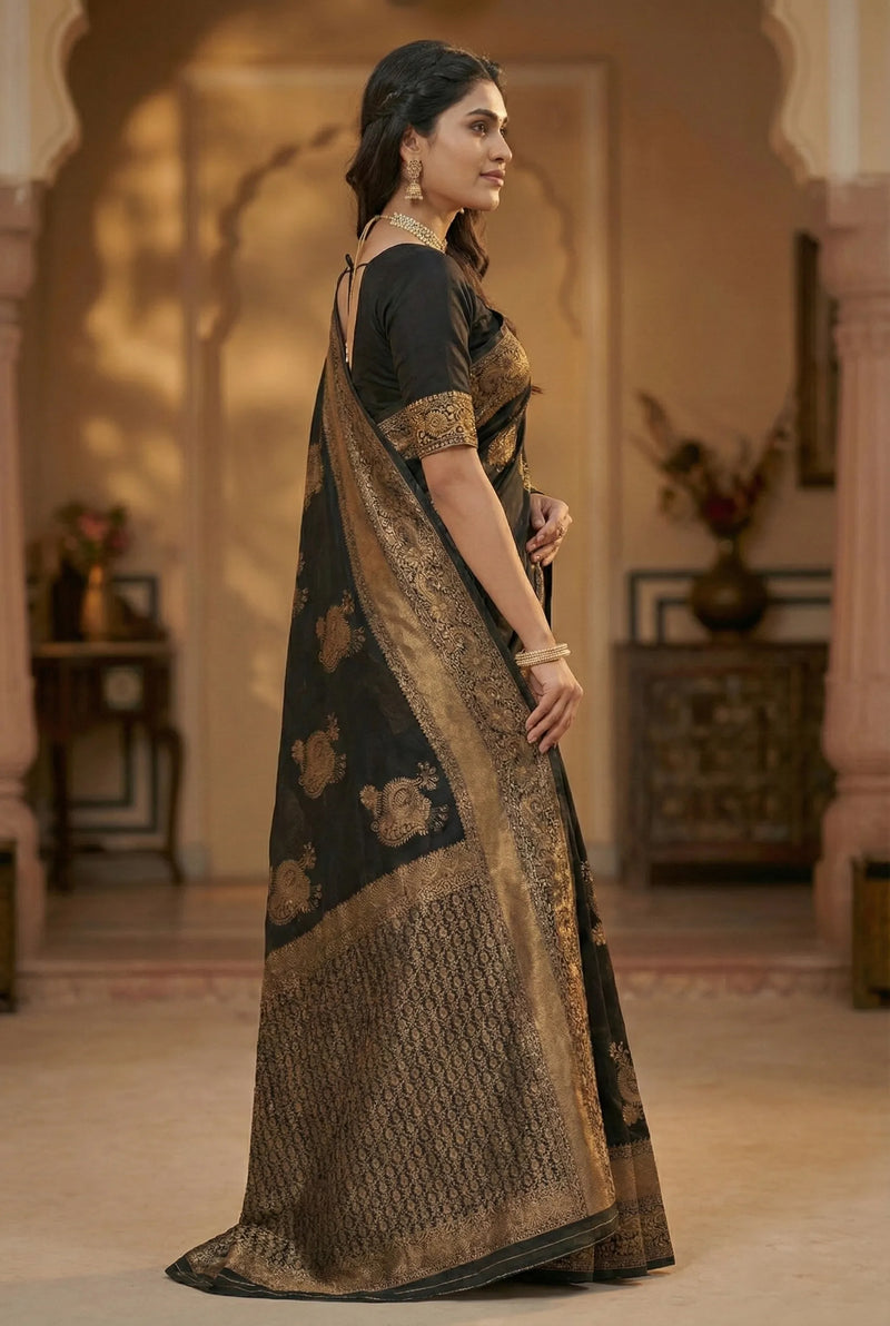 Midnight Black Jacquard Silk Saree with Opulent Woven Design | Luxury Festive Wear