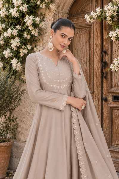 Beige Embroidered Vichitra Silk Anarkali Suit Set