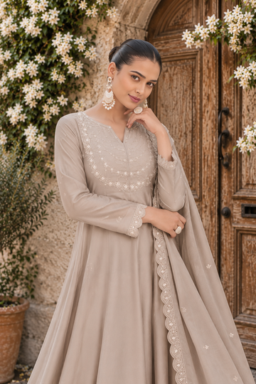 Beige Embroidered Vichitra Silk Anarkali Suit Set