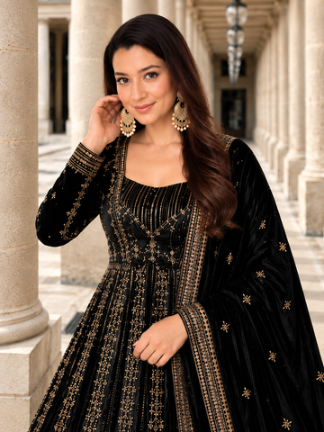 Black Crunchy Silk Embroidered Anarkali Gown Set