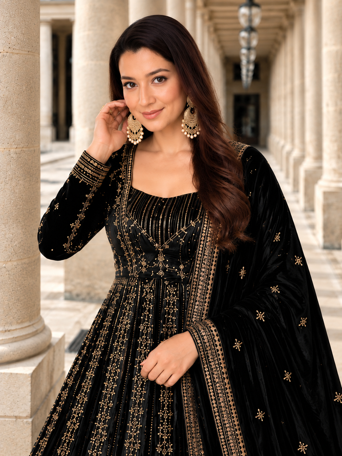 Black Crunchy Silk Embroidered Anarkali Gown Set