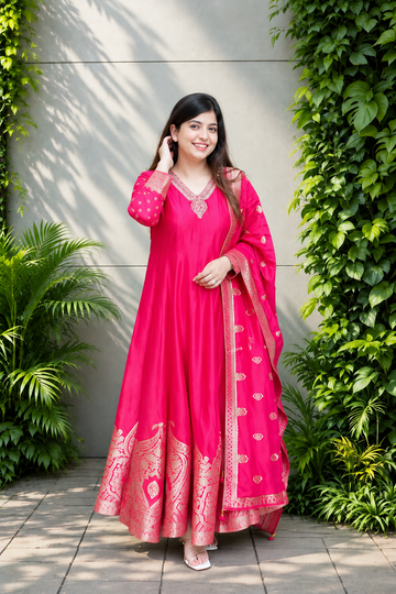 Rani Pink Banarasi Anarkali Suit – Handwork & Zari Flare