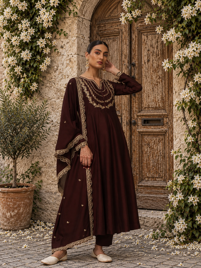 Brown Embroidered Vichitra Silk Anarkali Suit Set