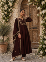 Brown Embroidered Vichitra Silk Anarkali Suit Set